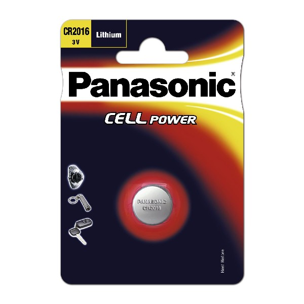 Un blíster de batería Panasonic CR2016. La batería es visible, y el embalaje tiene marca e información.