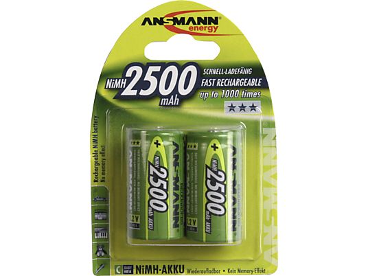 ANSMANN Batteria 2x C NiMH 2500 mAh - 1.2V - Autoscaricamento molto ridotto grazie alla tecnologia maxE - 