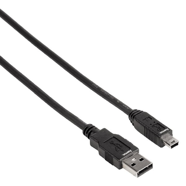 Schwarzes Hama USB-Kabel mit USB- und Mini-USB-Anschlüssen.