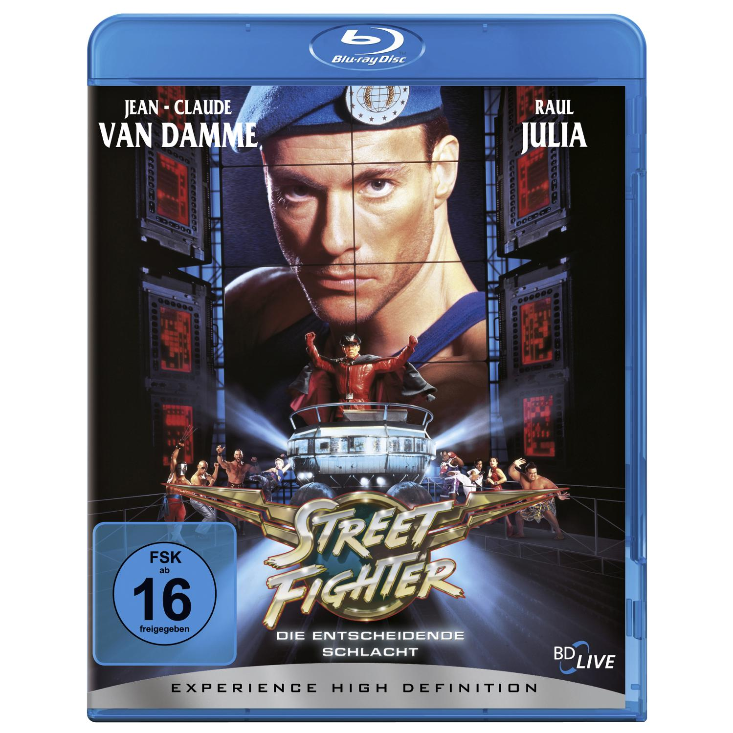 Blu-ray-Hülle für Street Fighter mit Jean-Claude Van Damme. Enthält Schauspieler und Filmtitel.