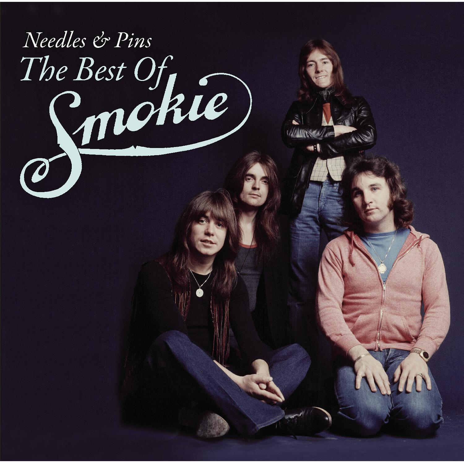 Smokie-Albumcover. Vier Bandmitglieder posieren vor dunklem Hintergrund. Text "The Best Of Smokie".