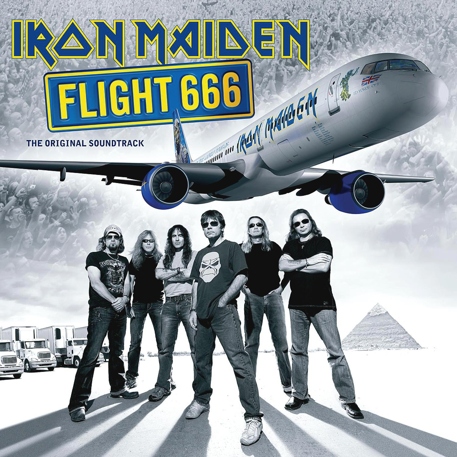 Albumcover. Die Band Iron Maiden mit einem Flugzeug am Himmel, Titel Flight 666.