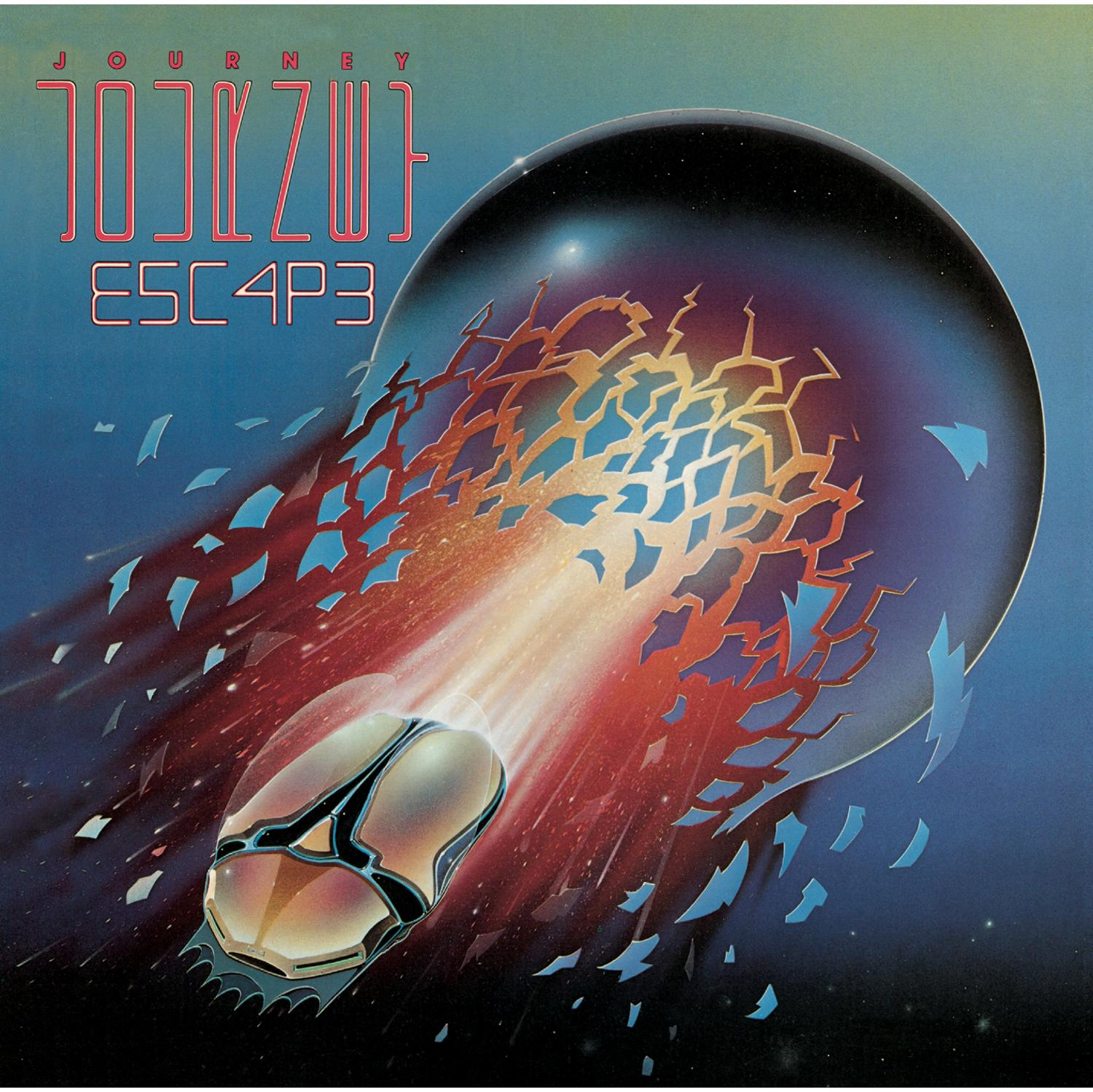 Journey-Albumcover: Ein raumschiffartiges Objekt durchbricht eine Glaskugel. Rote, blaue und orange Farben.