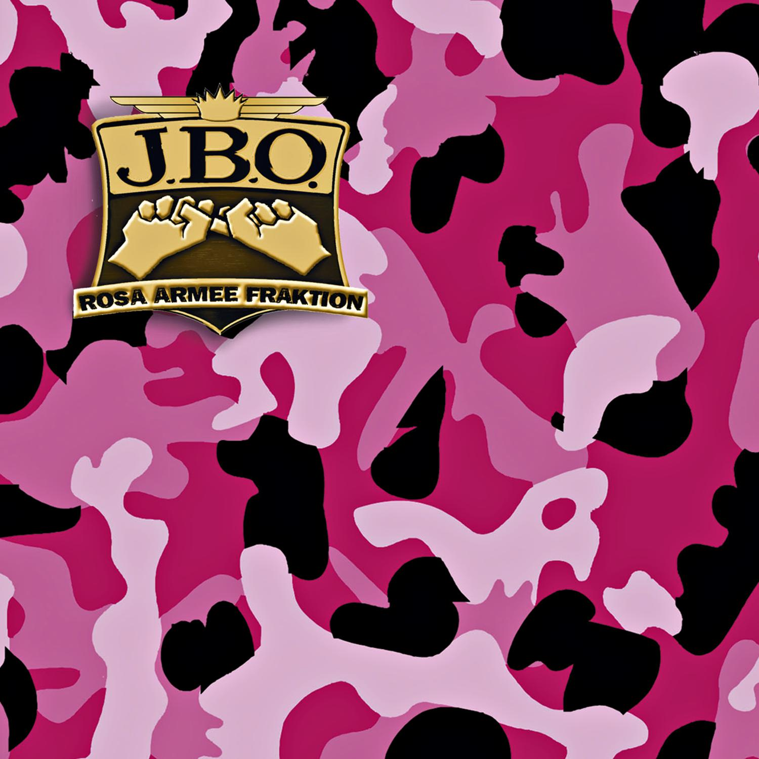 Rosa Camouflage-Muster mit goldenem J.B.O.-Logo und dem Text 'ROSA ARMEE FRAKTION'.