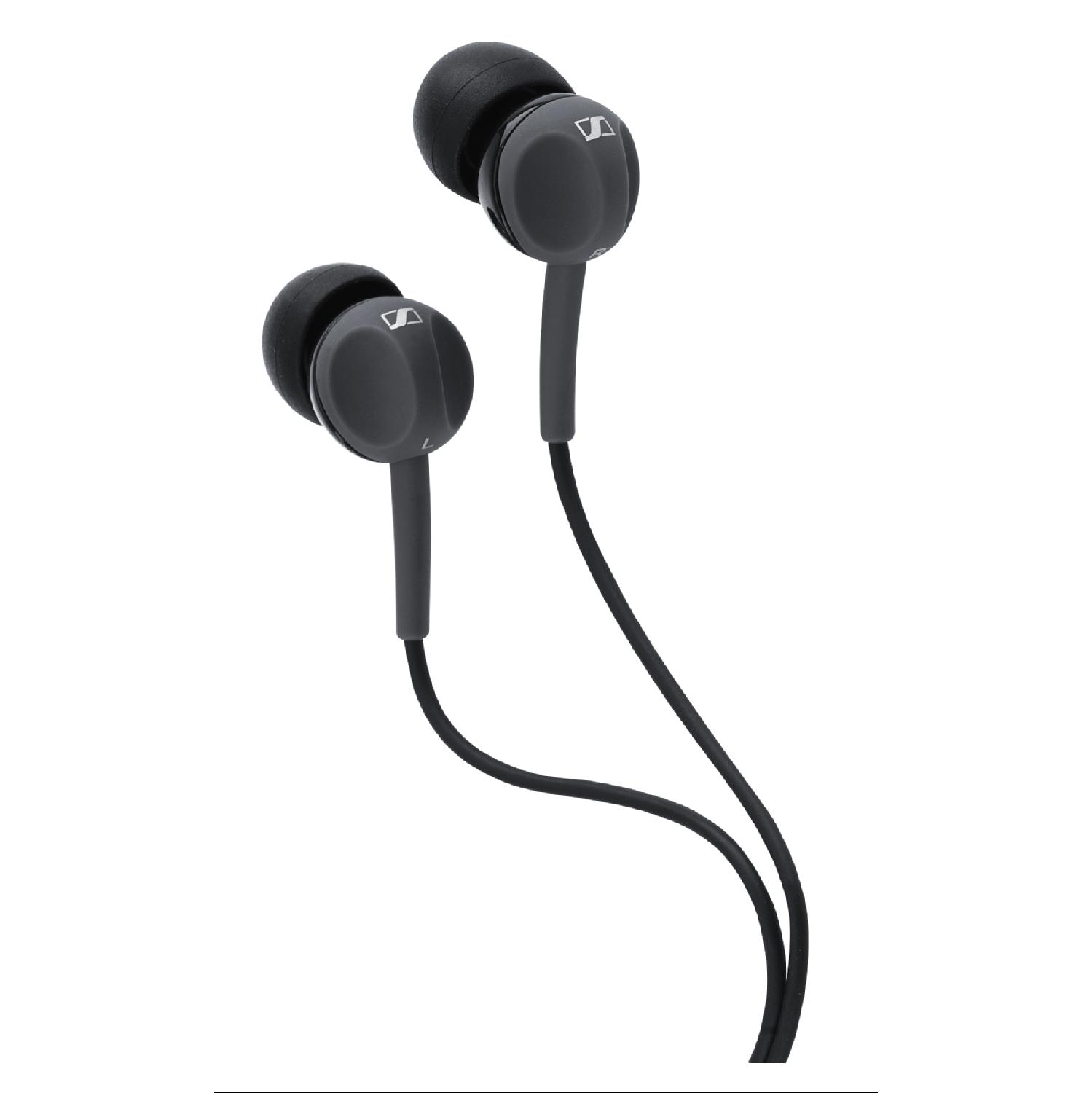 Siyah kablolu, koyu gri Sennheiser kulak içi kulaklık.