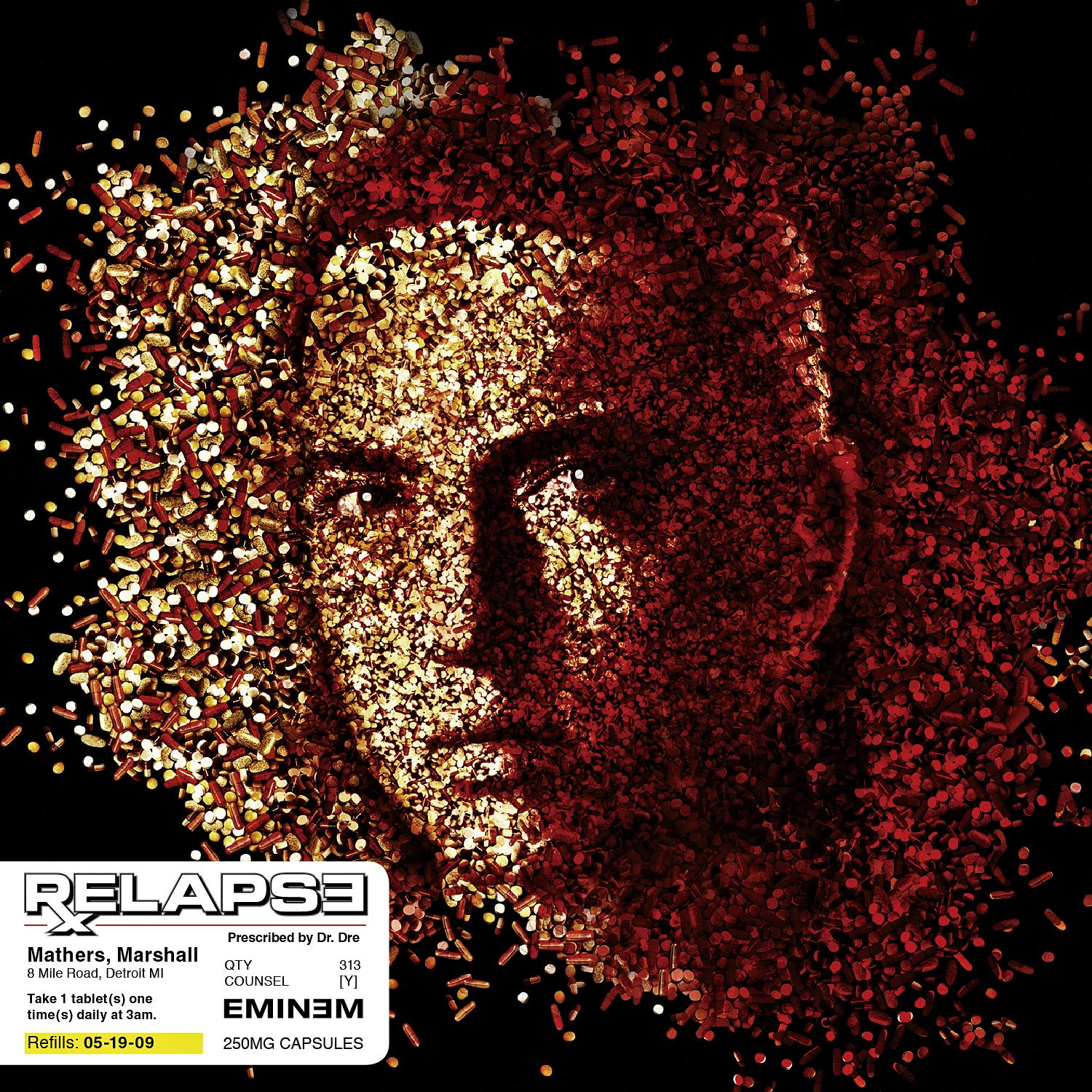 Pochette d'album avec le visage d'Eminem, fait de pilules, et détails de l'album.