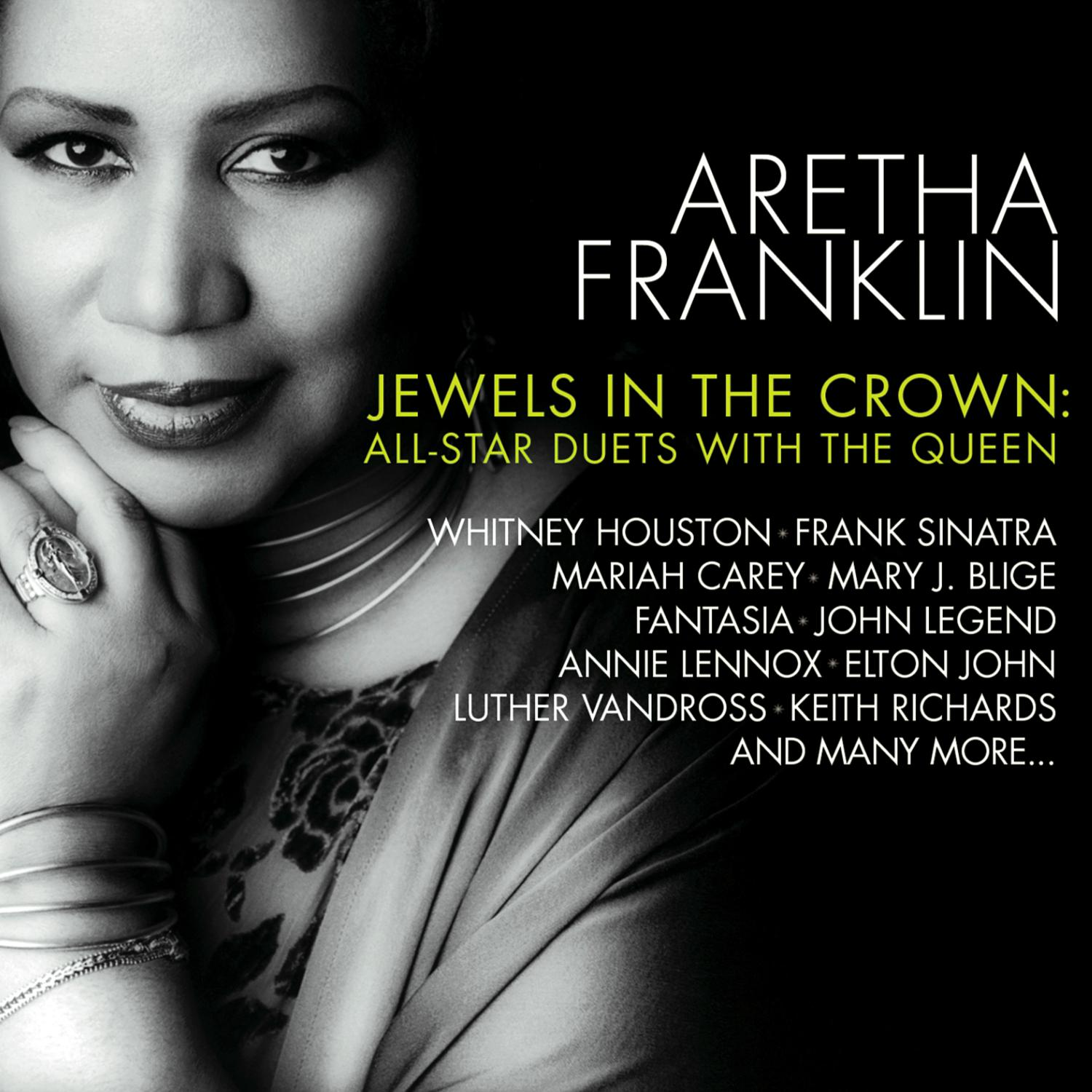 Albumcover: Aretha Franklin, Titel 'Jewels in the Crown', mit Künstlernamen: Whitney Houston, Sinatra.