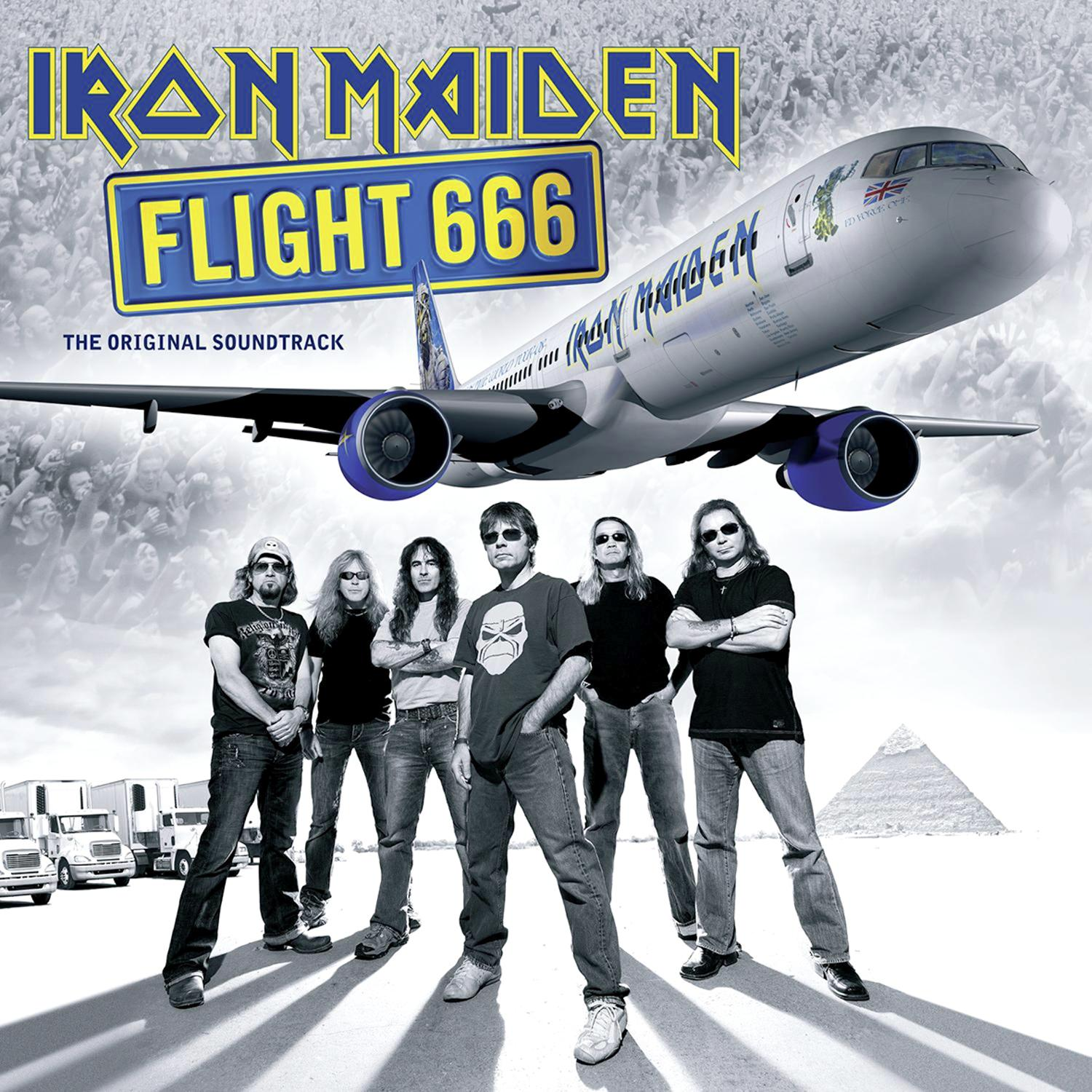 Albumcover. Ein Flugzeug mit 'Flight 666' und der Band Iron Maiden. Menschen im Hintergrund.