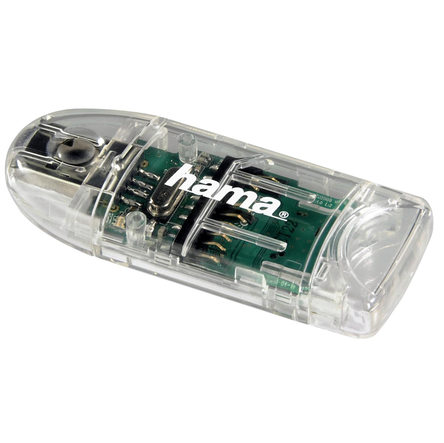 Clé USB transparente avec le logo 'hama' et composants internes visibles.