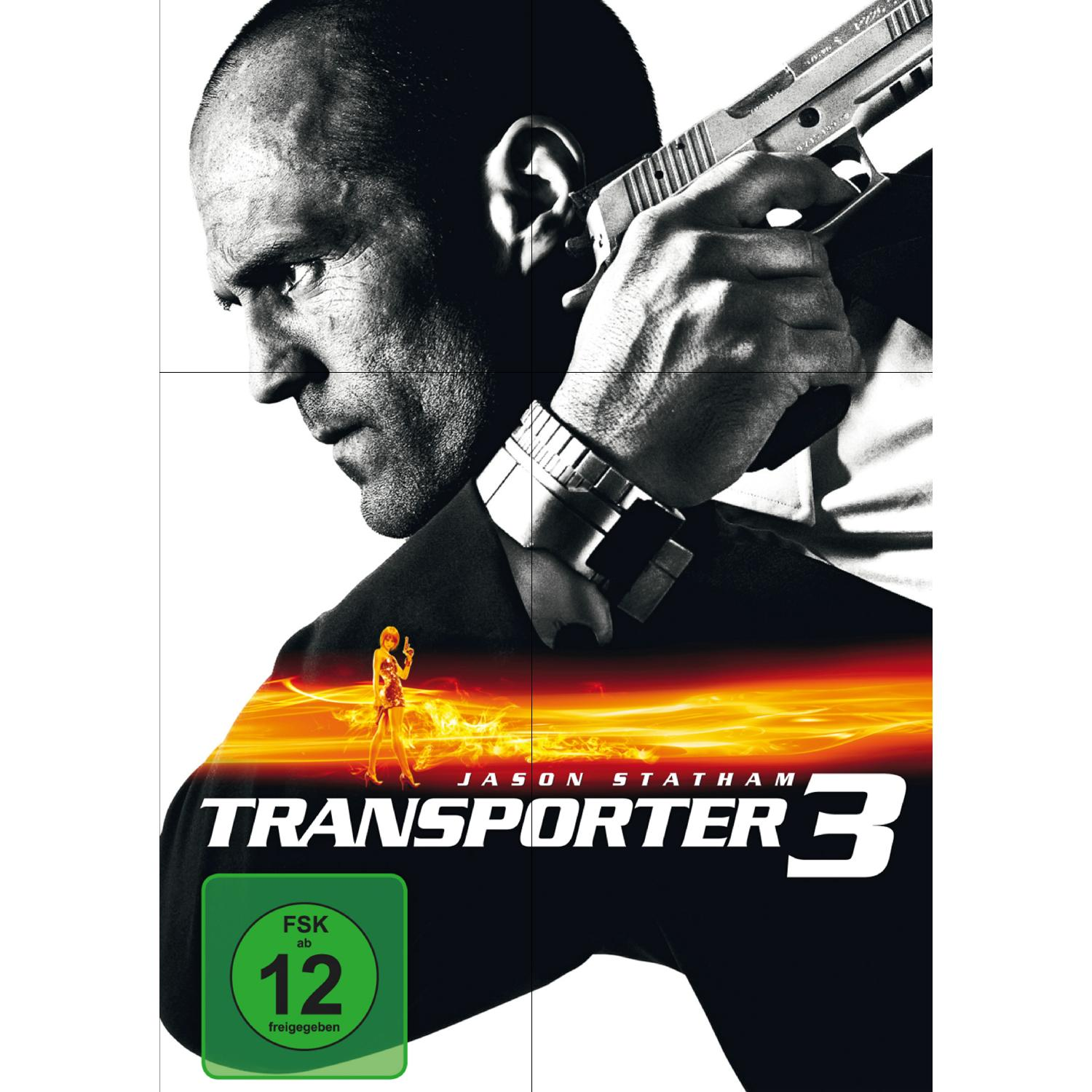 Transporter 3 DVD-Cover mit Jason Statham. Er hält eine Waffe, eine Frau, und orangefarbene Lichtstreifen sind vorhanden.