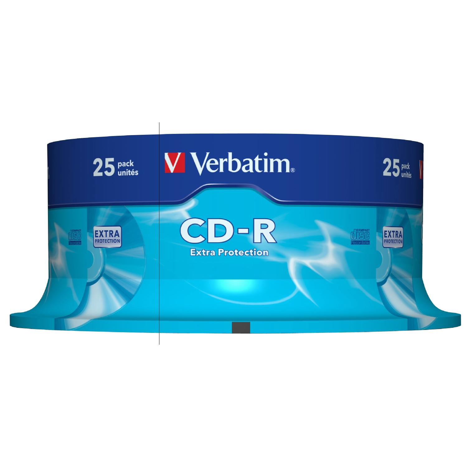 Eine Packung CD-R-Discs. Blaue und weiße Verpackung mit Text und Grafiken.