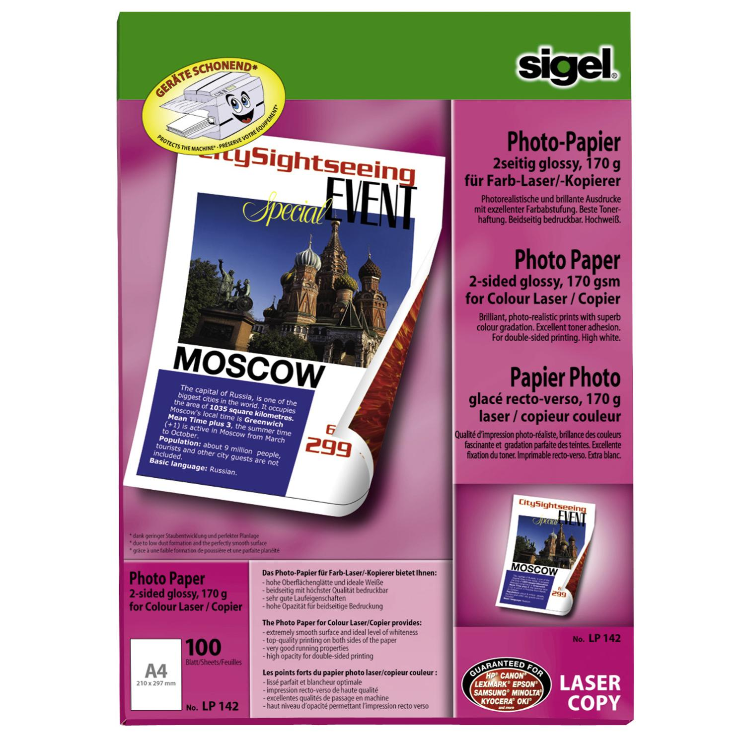 Fotopapierverpackung mit Text und Bildern der Basilius-Kathedrale in Moskau. Hintergrund: Weiß.