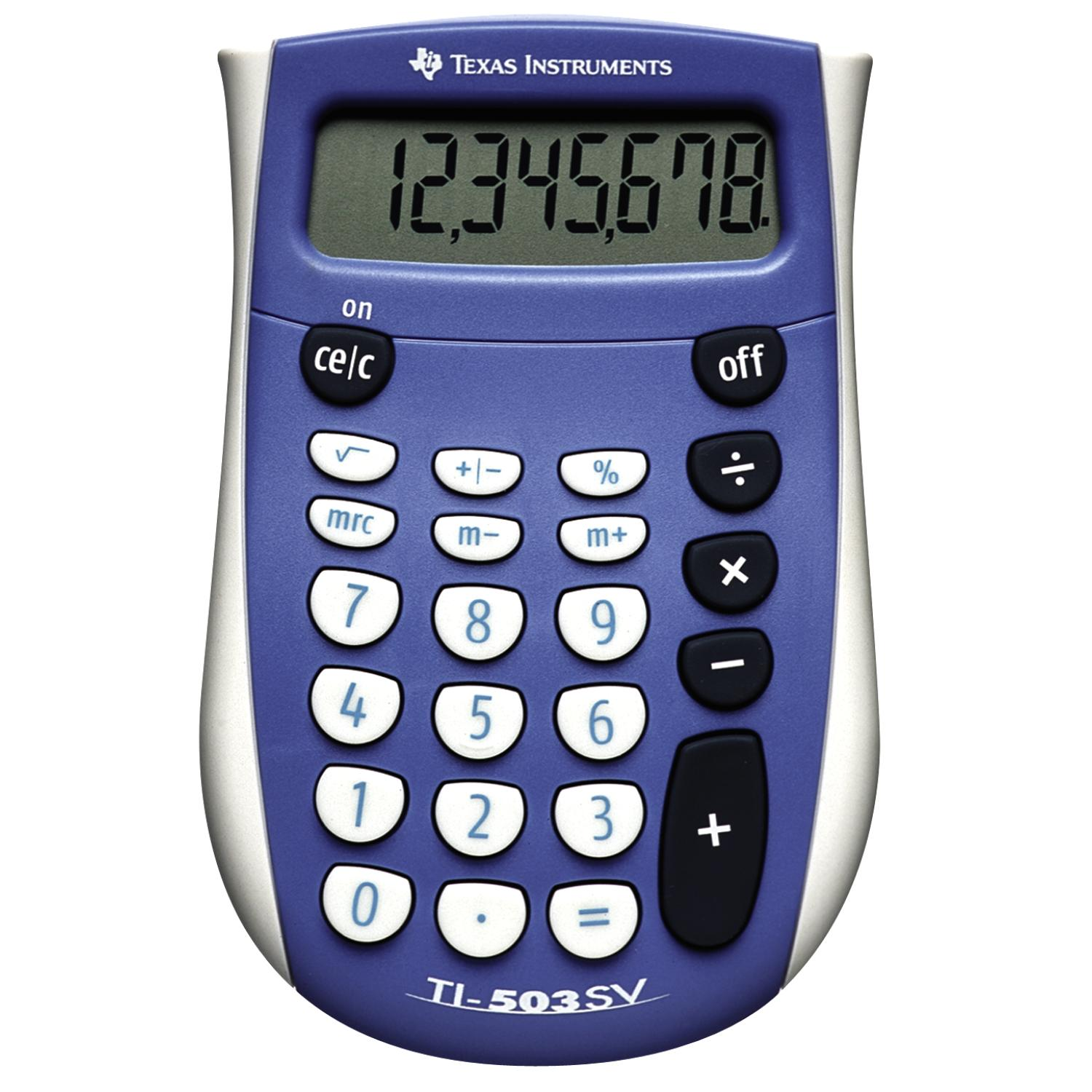 Ein blauer Texas Instruments Taschenrechner mit weißen Akzenten, der Zahlen auf dem Bildschirm anzeigt.