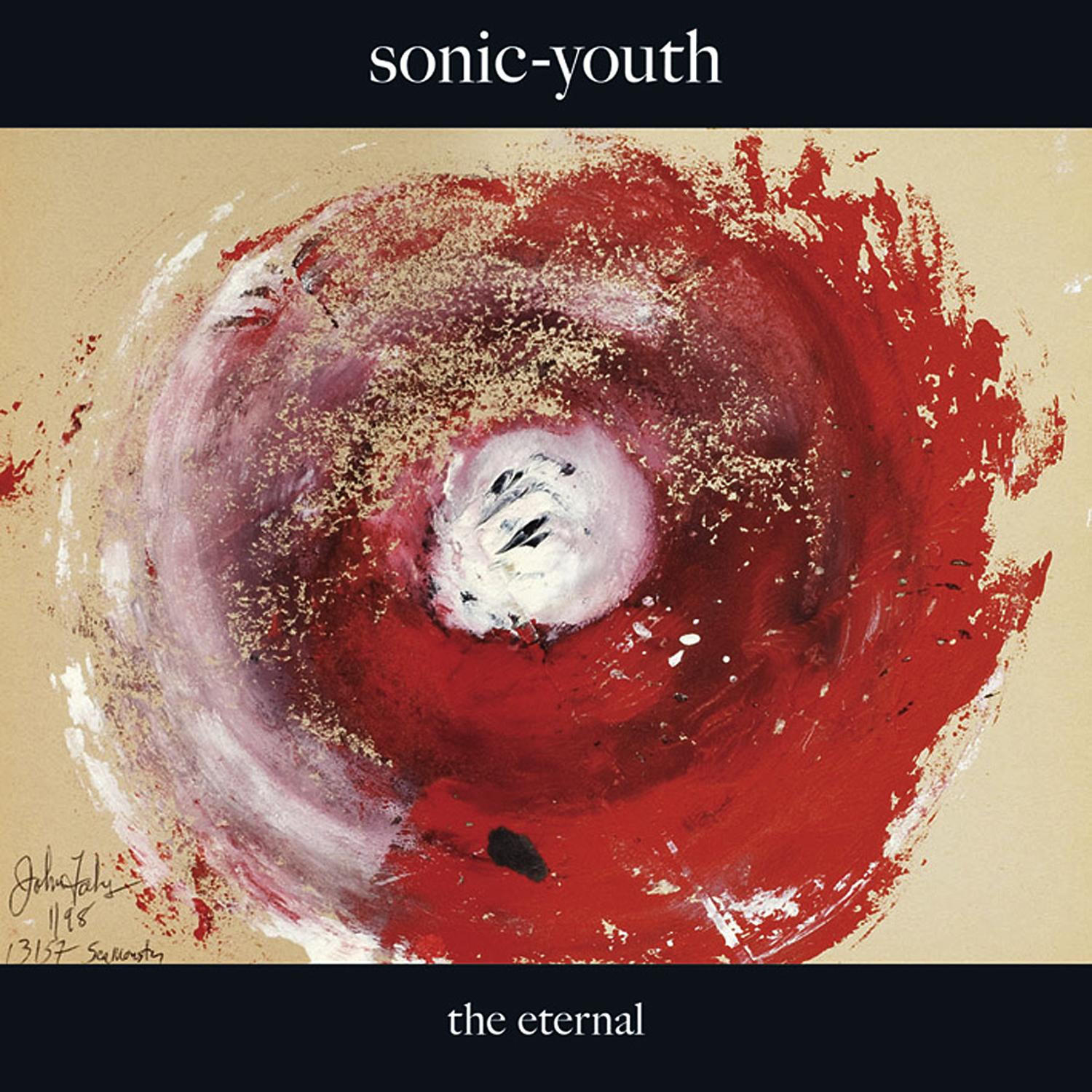 Albumcover mit roter und weißer abstrakter Kunst. Der Text 'sonic-youth' und 'the eternal' oben und unten.
