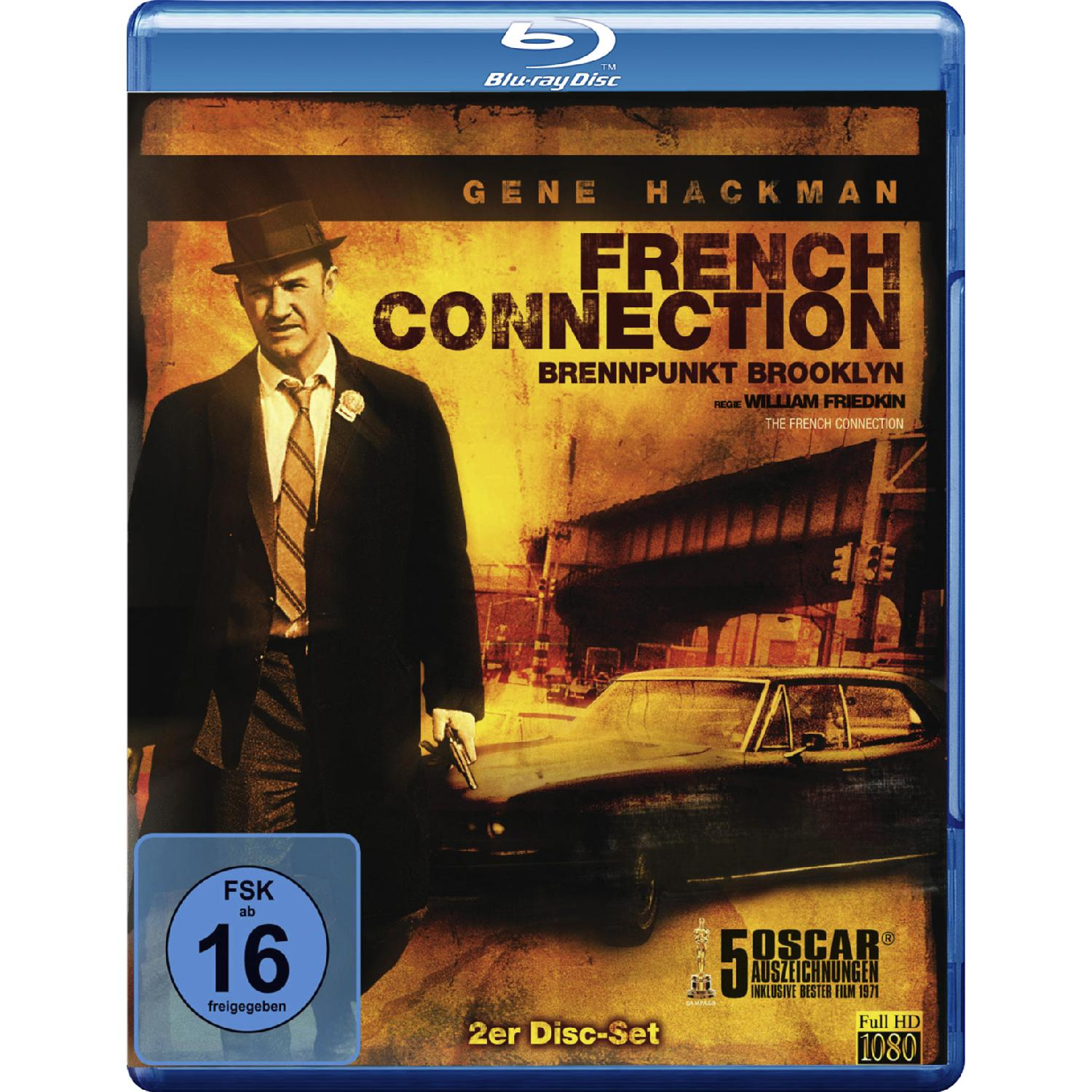 Filmposter für 'French Connection'. Gene Hackman mit einer Waffe. Blu-ray Disc.