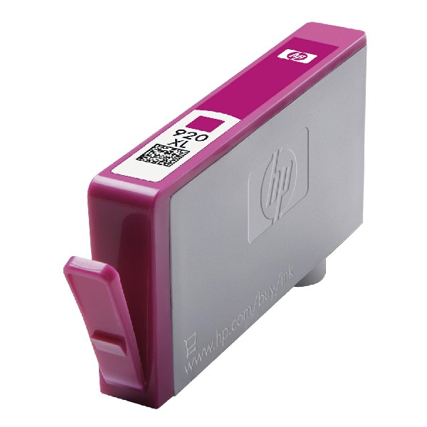 Pinke HP 920XL Tintenpatrone mit weißem Etikett. Grauer Körper mit pinkfarbenem Griff.