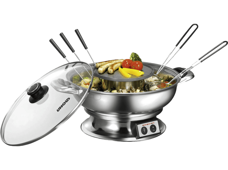 Fondue Chinoise électrique UNOLD 48746 - Tout Inox Avec Grill - 1950W - 6 Fourchettes Et Passoires