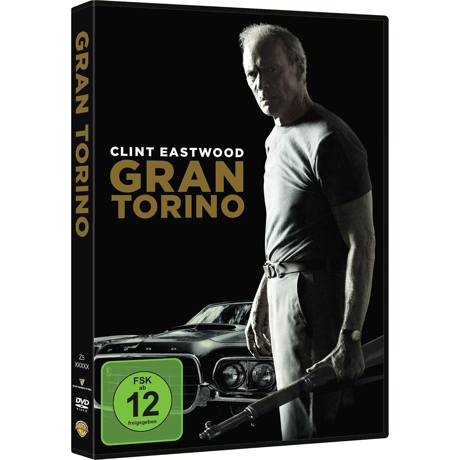 DVD-Cover von Gran Torino. Clint Eastwood steht mit Gewehr, Auto im Hintergrund.