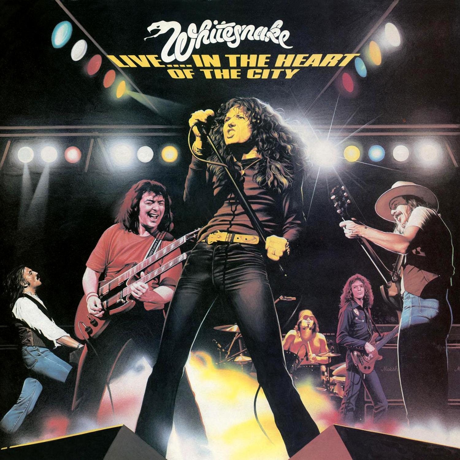 Whitesnake-Albumcover, Band live auf der Bühne.