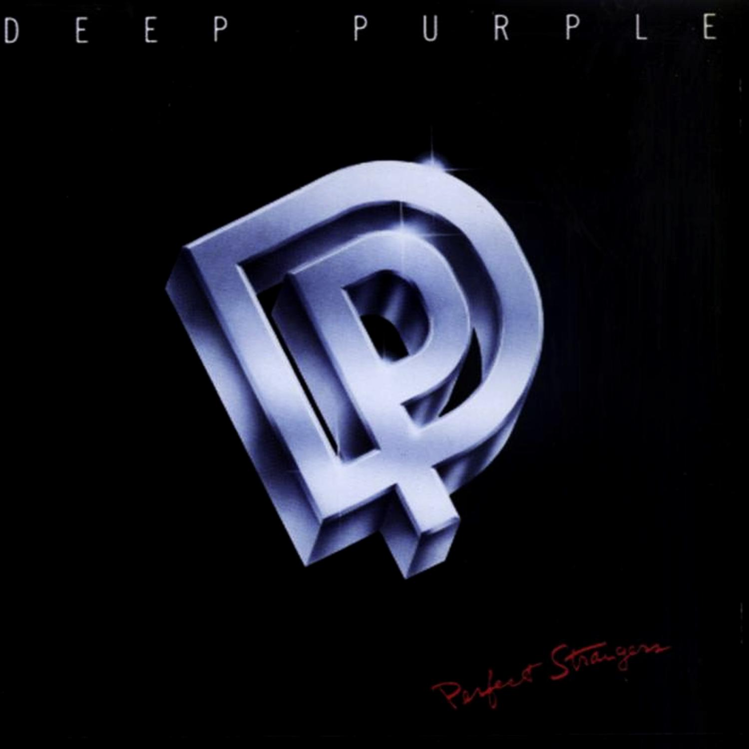 Deep Purple Albumcover, Logo in Silber auf schwarzem Hintergrund. Text: Perfect Strangers.