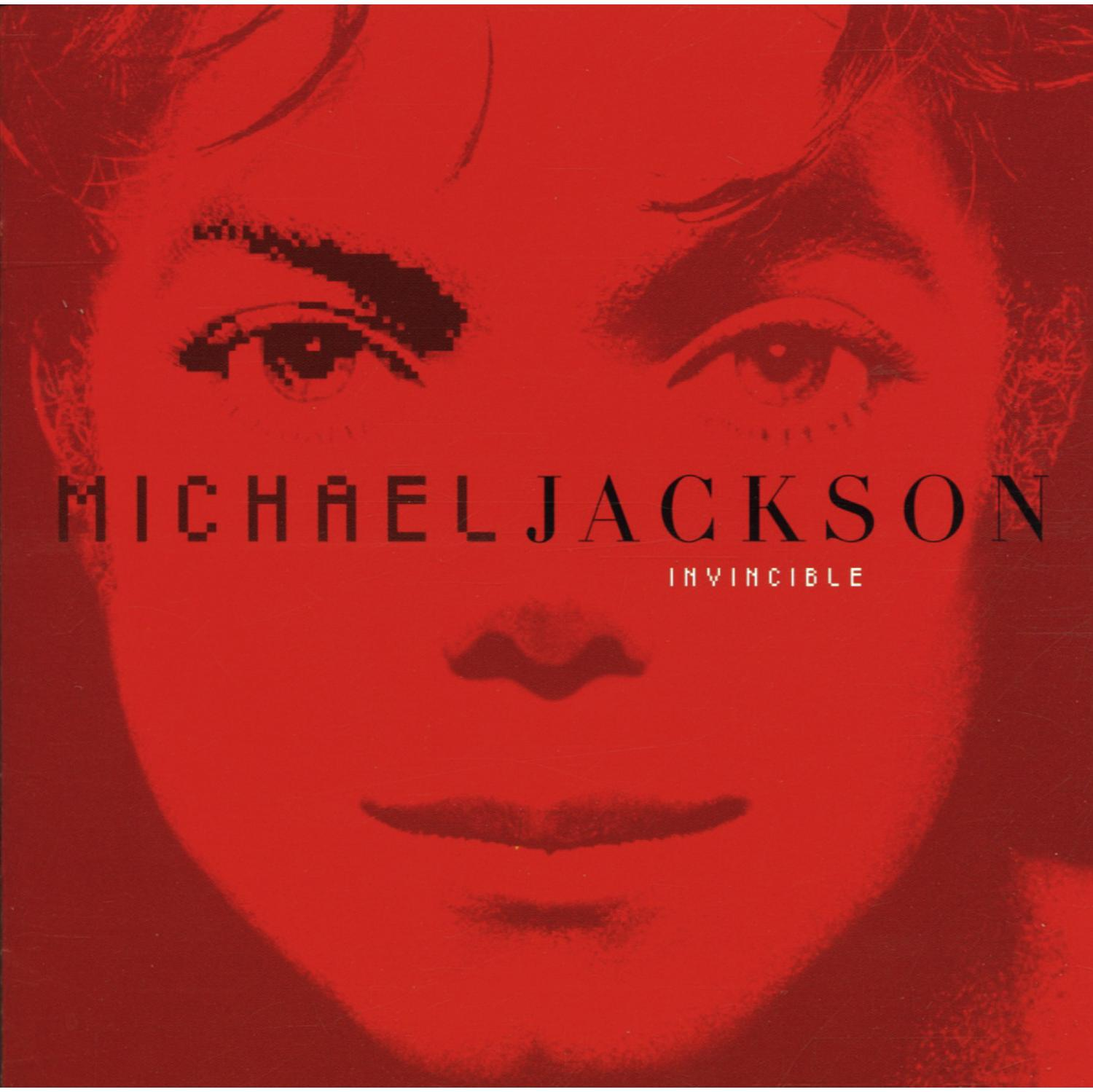 Albumhoes. Rode achtergrond met gepixeld gezicht van Michael Jackson. MICHAEL JACKSON en INVINCIBLE geschreven.