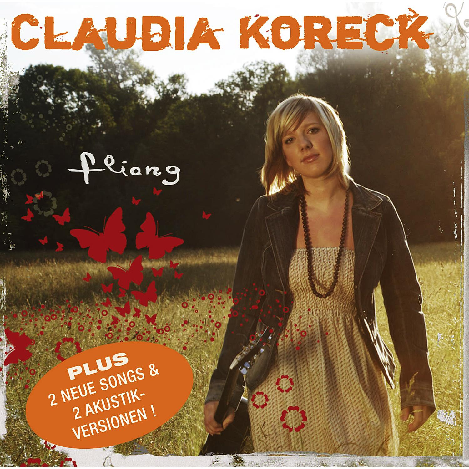 Albumcover. Eine Frau in einem Kleid steht auf einem Feld mit Schmetterlingen. Text: 'Claudia Koreck, fliang'.
