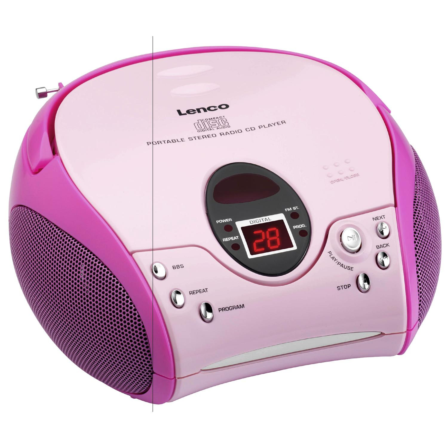 Rosa-lila Boombox mit Digitalanzeige und Knöpfen. Das Radio steht vor weißem Hintergrund.