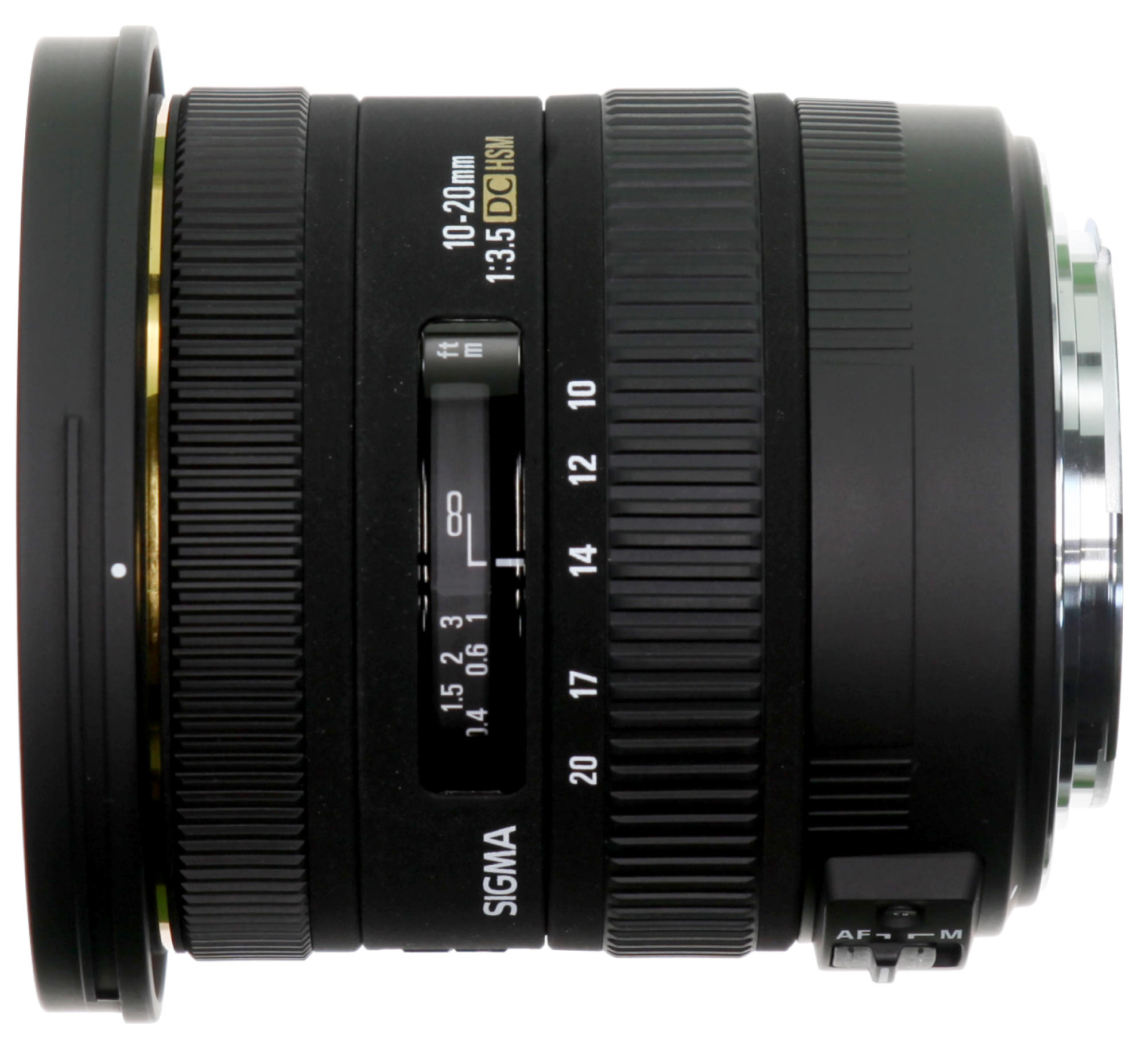 Lente de cámara Sigma 10-20mm con anillos de enfoque y zoom. Negro con detalles dorados.