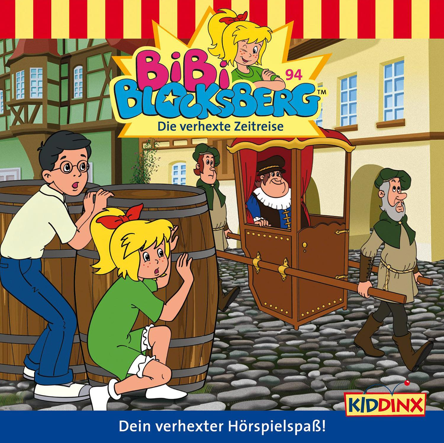 Cartoon-Cover: Kinder, eine Kutsche und Gebäude. Titel: Bibi Blocksberg.