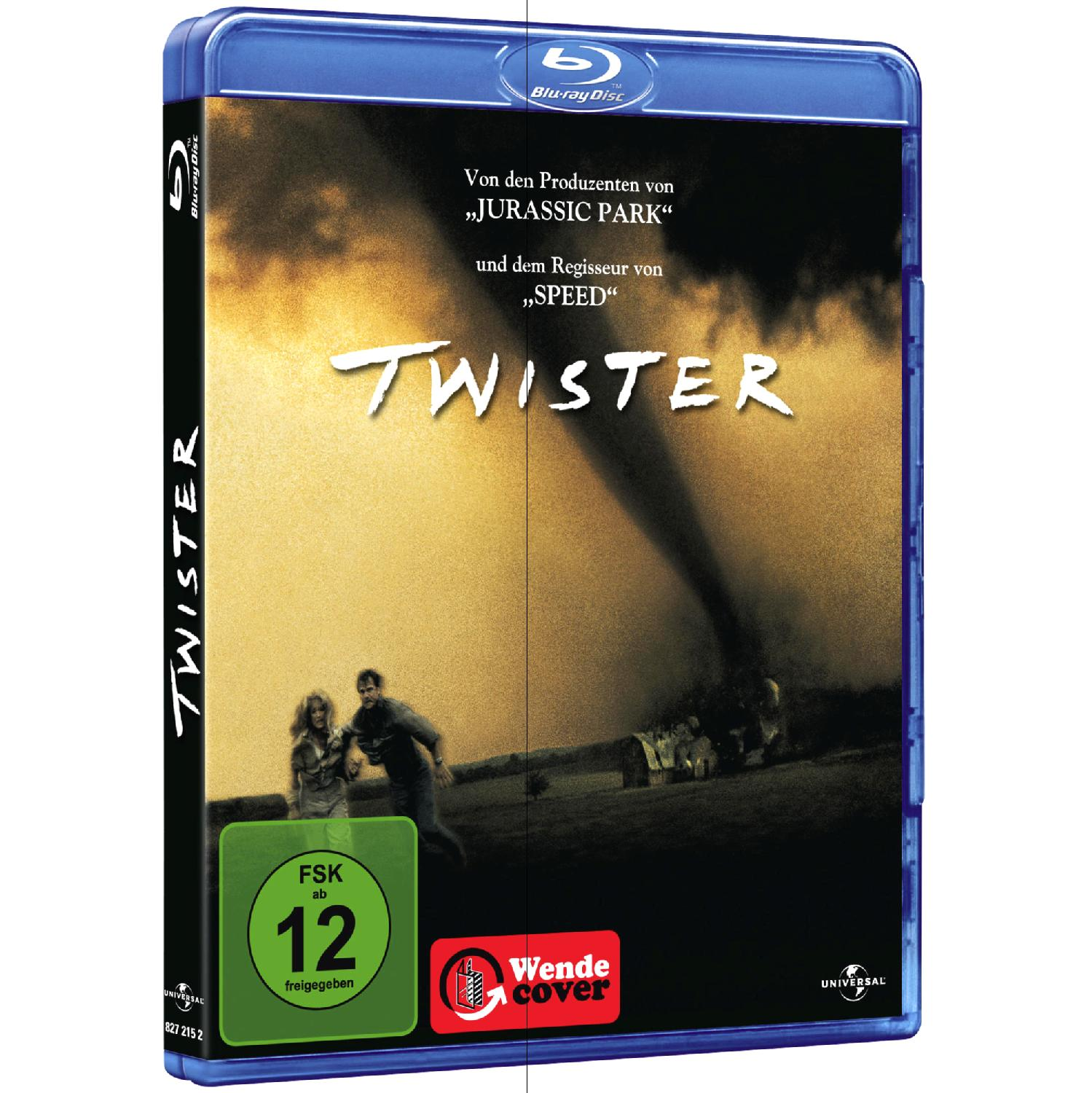 DVD-Cover von 'Twister' mit Tornado und zwei Personen, die auf einem Feld rennen.