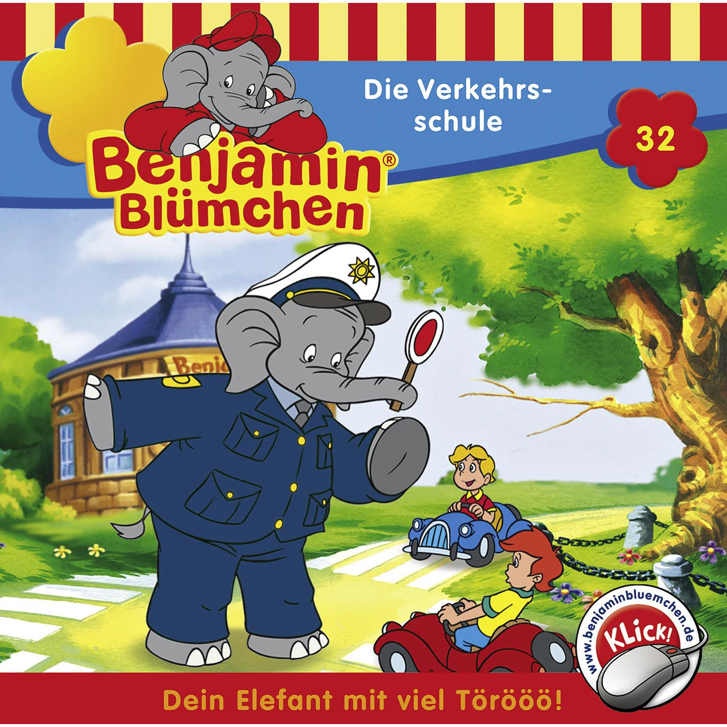 Benjamin Blümchen, ein Elefant in Polizeiuniform, dirigiert den Verkehr mit zwei Spielzeugautos. Cartoon-Stil.