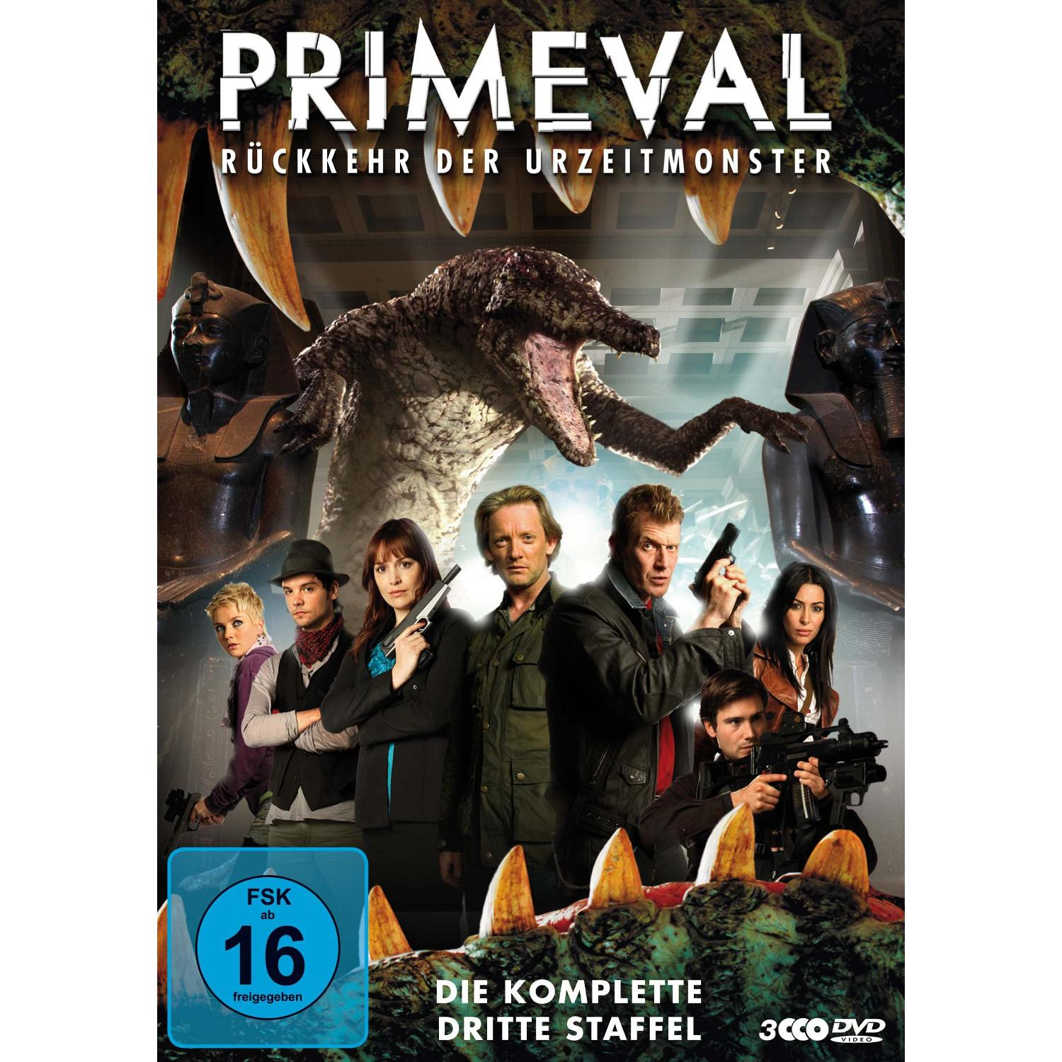 DVD-Cover von 'Primeval'. Eine Gruppe von Leuten mit Waffen und ein Monster. Der Filmtitel steht oben.