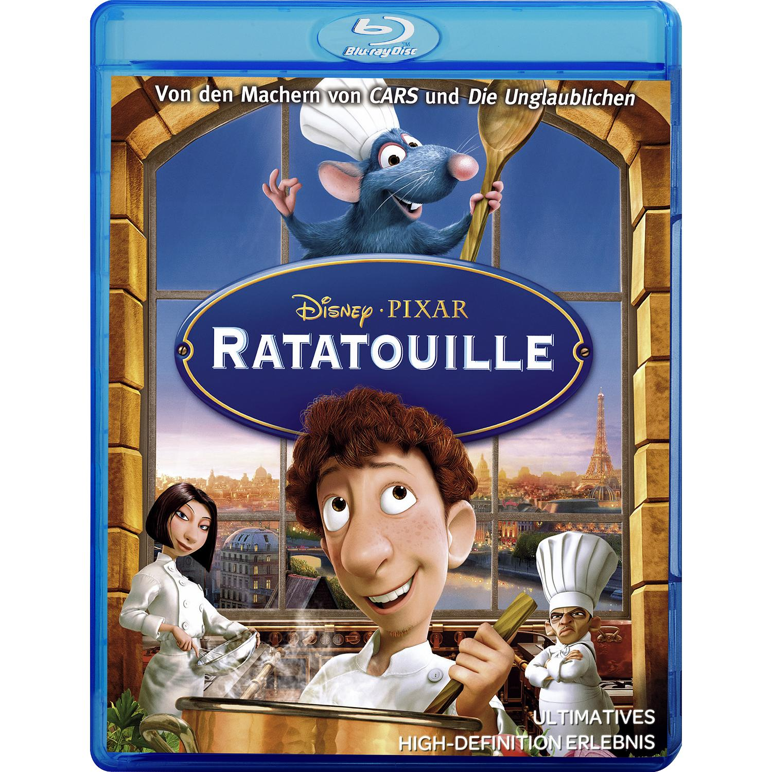 Disney Pixar Ratatouille Blu-ray Cover mit den Hauptfiguren in der Küche.