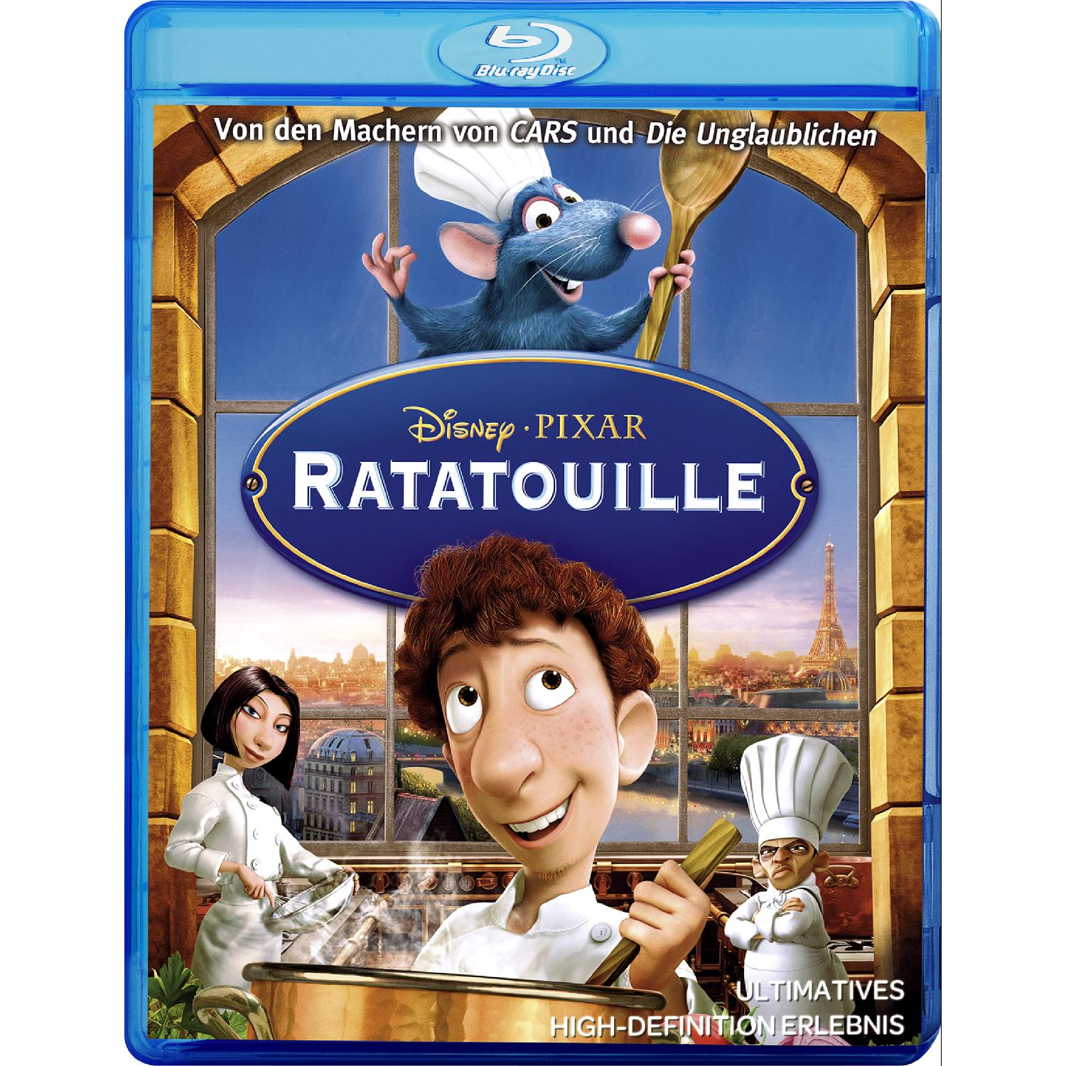 Blu-ray-Cover des Films Ratatouille. Eine Ratte hält einen Löffel. Köche sind im Vordergrund.