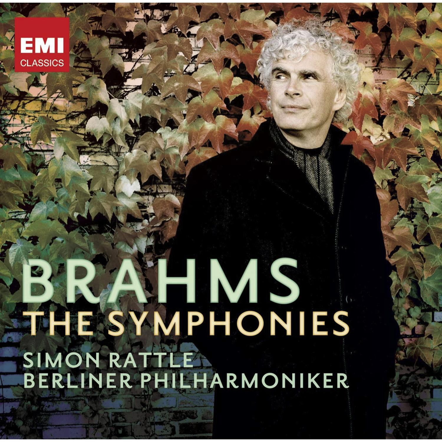 Albumcover mit einem Mann und dem Titel BRAHMS. Dahinter Herbstblätter an einer Ziegelmauer.