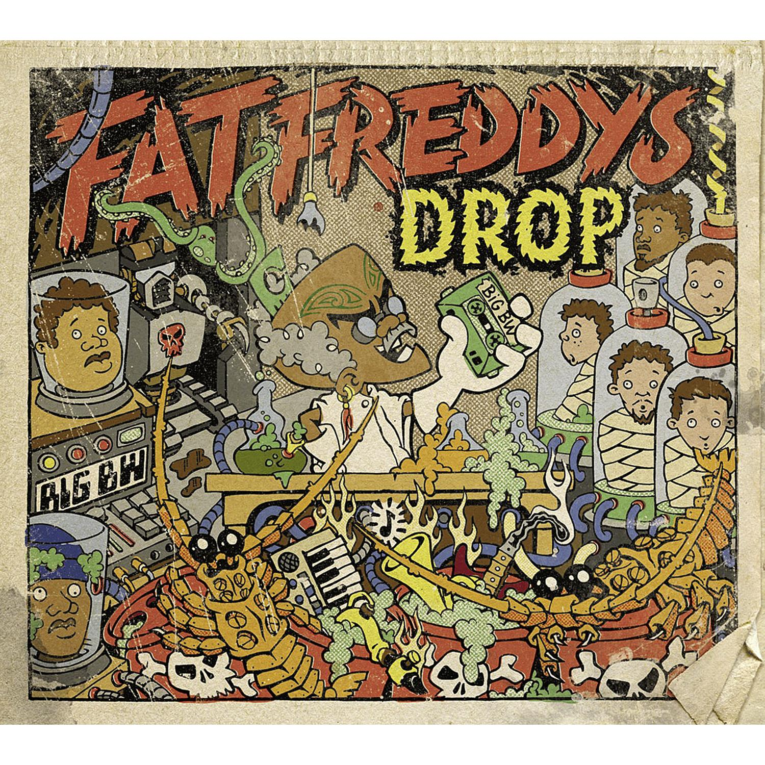 Albumcover. Cartoon-Stil-Bild, Charaktere mit Etiketten und eine zentrale Figur, die ein grünes Band hält.