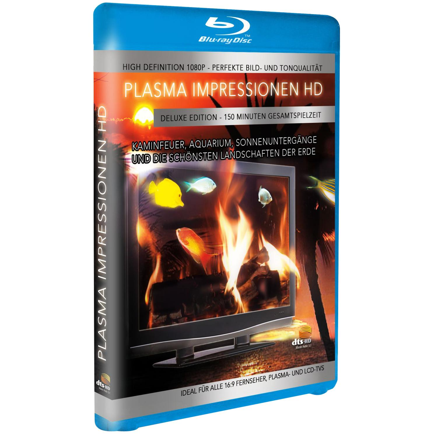 Eine Blu-ray-Disc-Hülle von Plasma Impressionen HD, die einen Fernseher mit Feuer und Fischen zeigt.