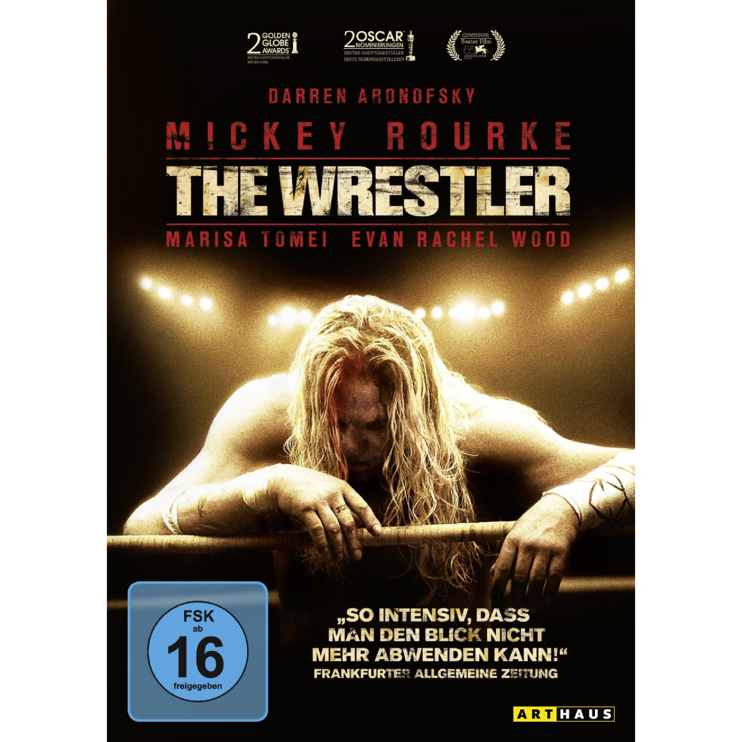 DVD-Cover für 'The Wrestler' mit Mickey Rourke, Wrestling-Ring und Text auf Englisch.