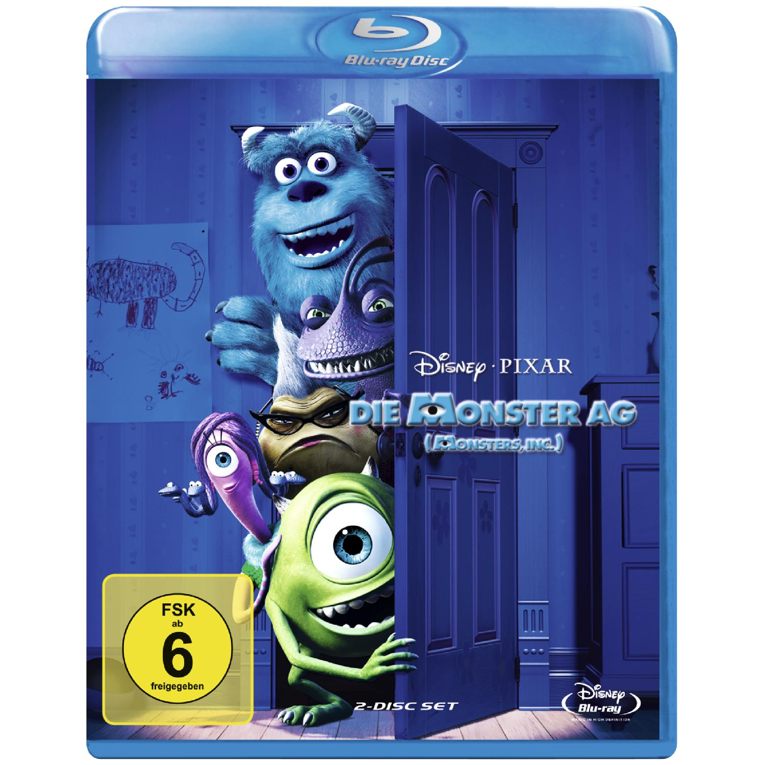 Die Monster AG DVD-Cover. Mehrere Cartoon-Monster schauen hinter einer blauen Tür hervor.