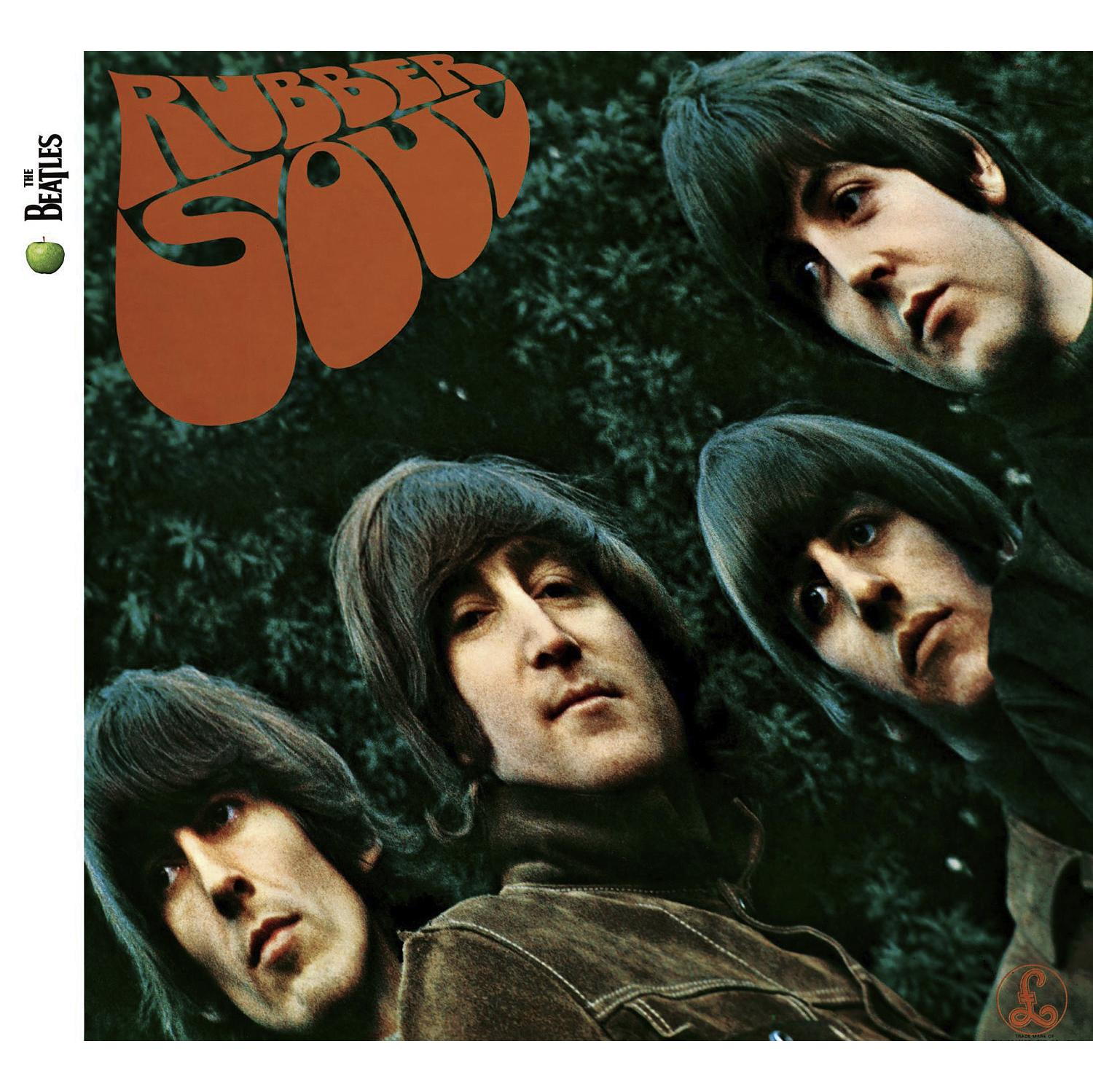 Das Cover des Beatles-Albums Rubber Soul. Zeigt vier Beatles-Mitglieder mit langen Haaren, grüner Hintergrund.