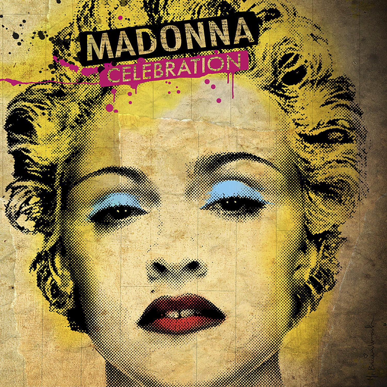 Albumcover mit Madonnas Gesicht, mit blauem Lidschatten und roten Lippen, Titel Celebration.