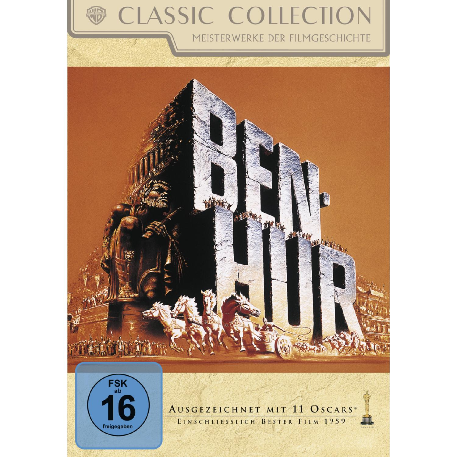 Ben Hur Filmcover. Eine Wagenrenn-Szene mit einer großen Steinstruktur im Hintergrund.