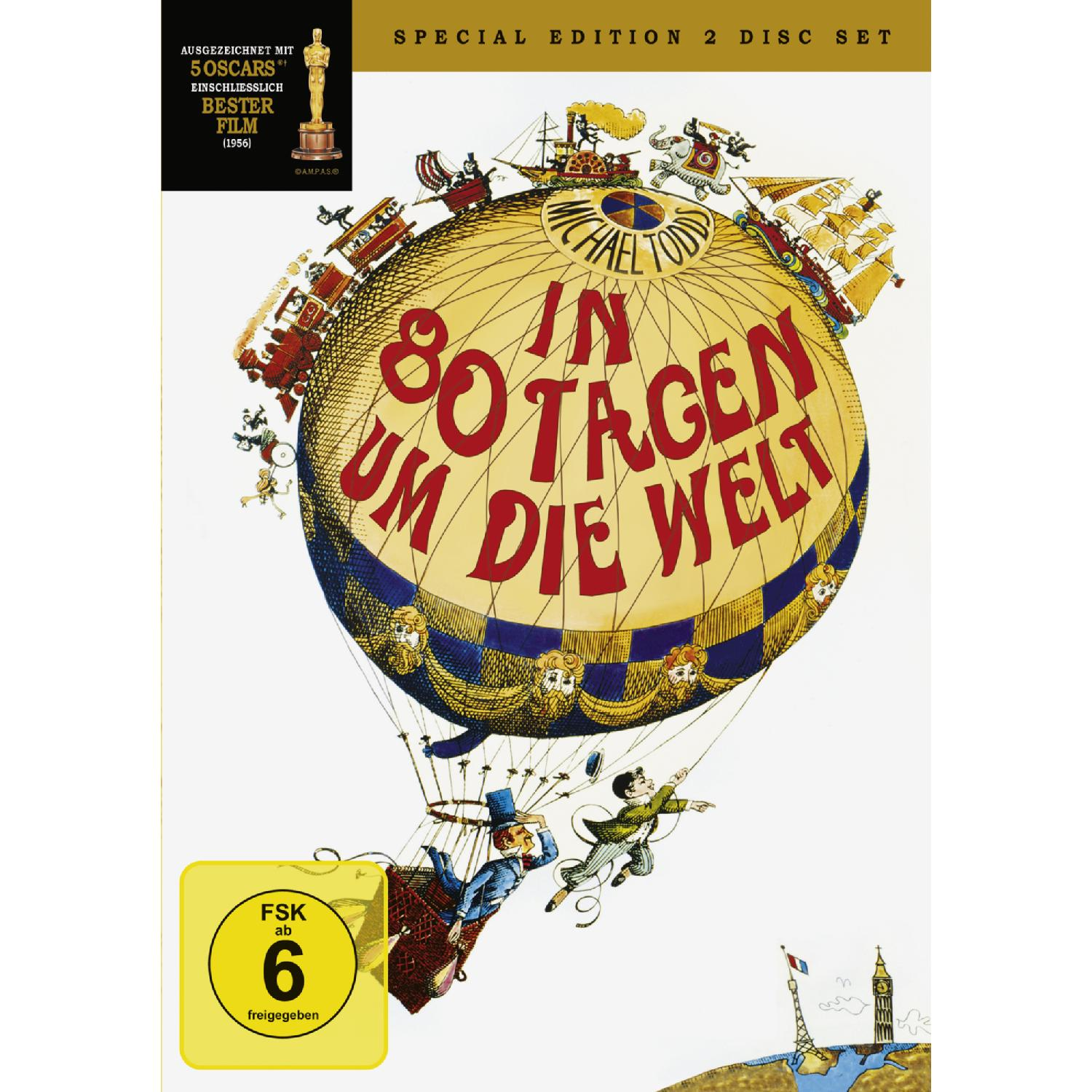 Filmplakat: 80 Tage um die Welt. Ein großer Ballon mit Menschen und einem Globus.