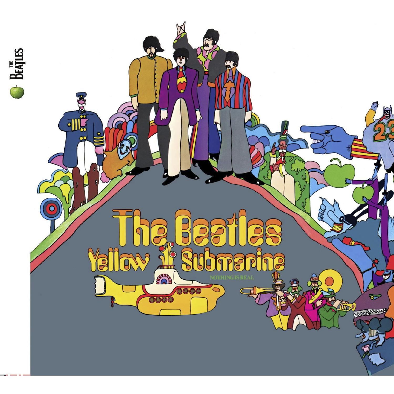 Albumcover: Cartoon Beatles. Gelbes U-Boot. Text: The Beatles, Yellow Submarine. Nothing is real.