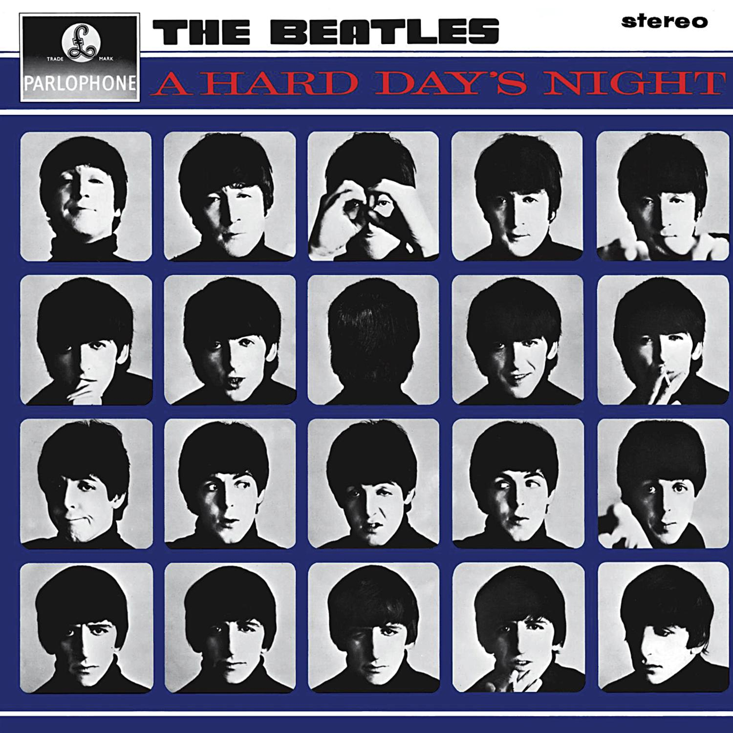 Albumcover. Mehrere Schwarz-Weiß-Kopfbilder der Beatles, auf blauem Hintergrund.