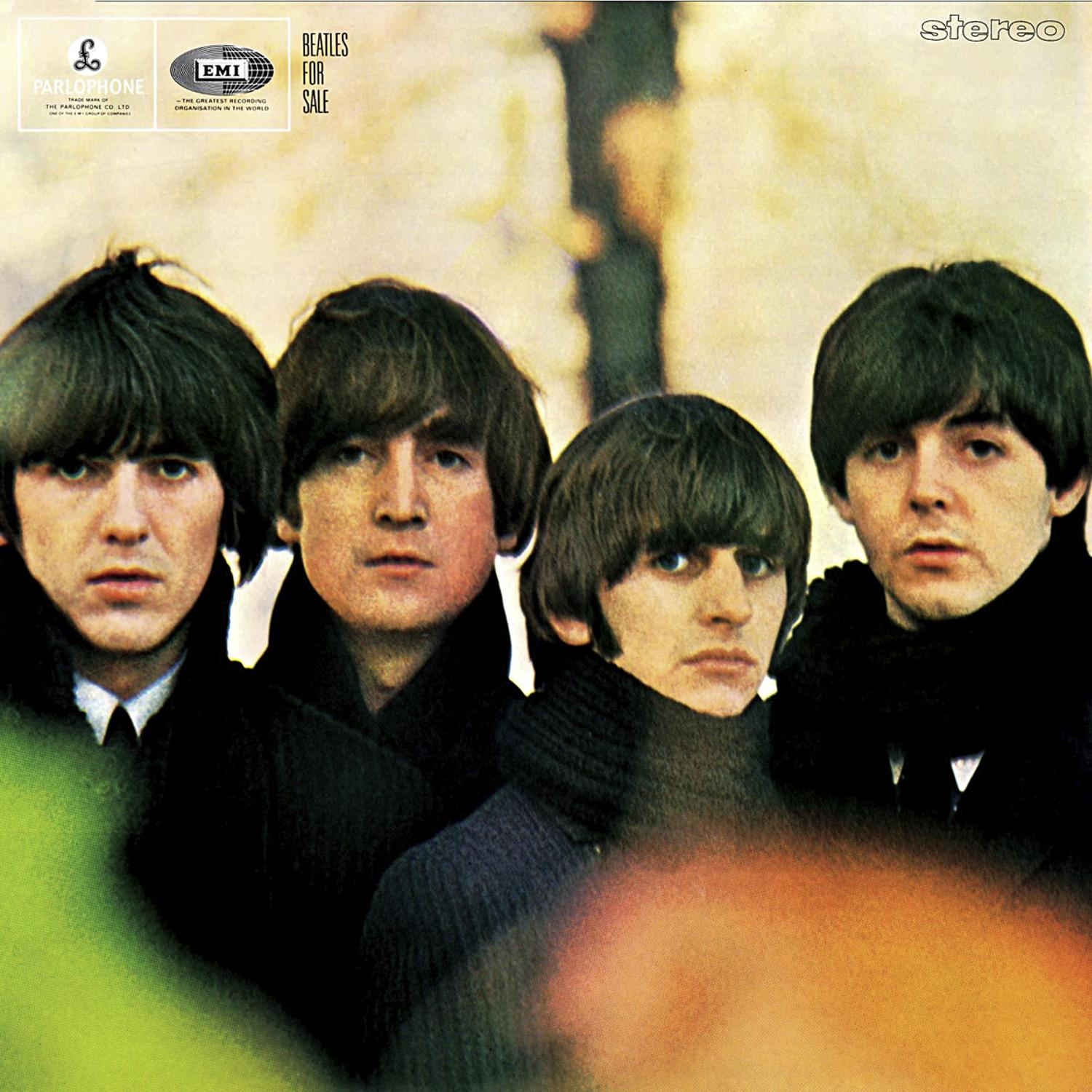 Pochette de l'album des Beatles. Quatre hommes en manteaux noirs. Titre : Beatles for Sale.