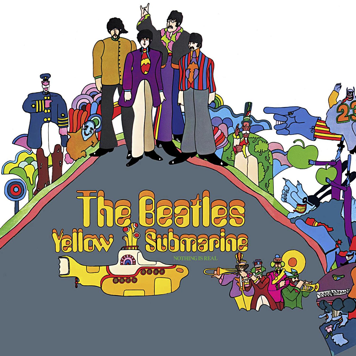 Das Albumcover von The Beatles' Yellow Submarine. Cartoon-Stil mit U-Boot, Figuren und Text.