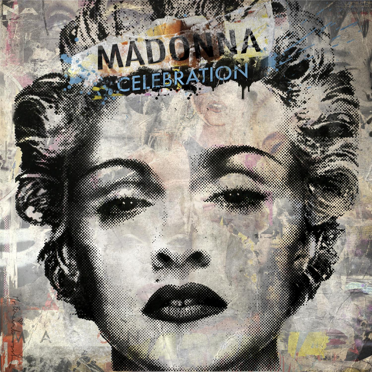 Nahaufnahme-Porträt von Madonna mit dem Text 'Madonna Celebration' darüber.