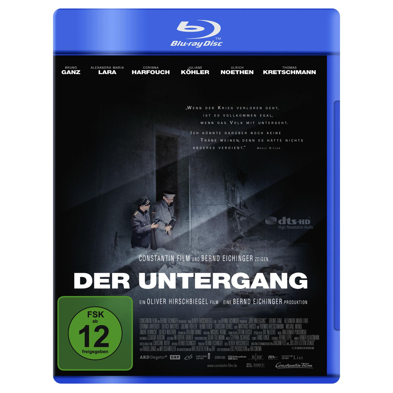 Blu-ray-Cover. Zwei Männer in Uniform, Hitlers Film. Titel: Der Untergang. Blauer Umschlag mit Text.