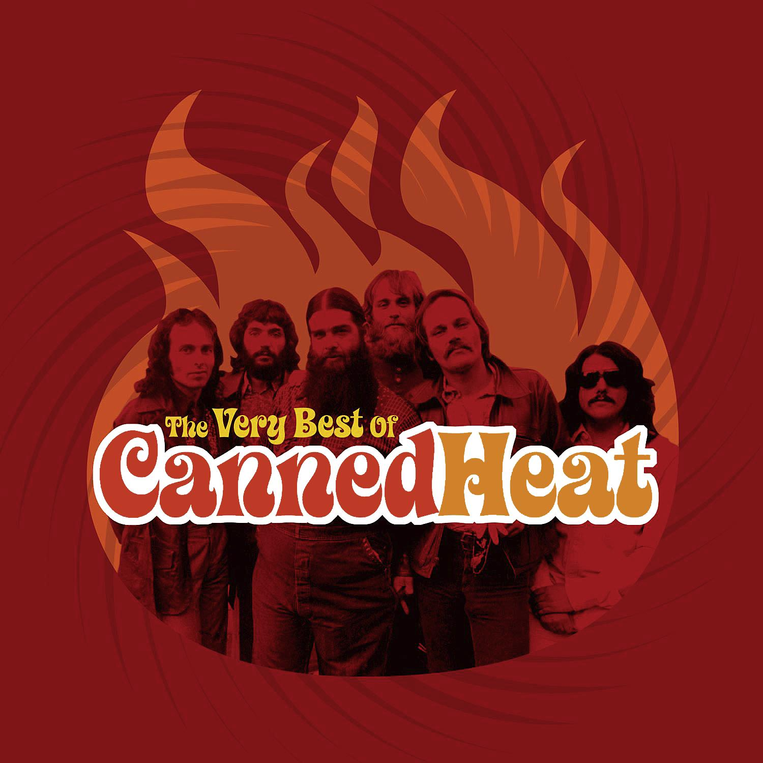 Albumcover mit einer Männergruppe und einem Flammendesign.